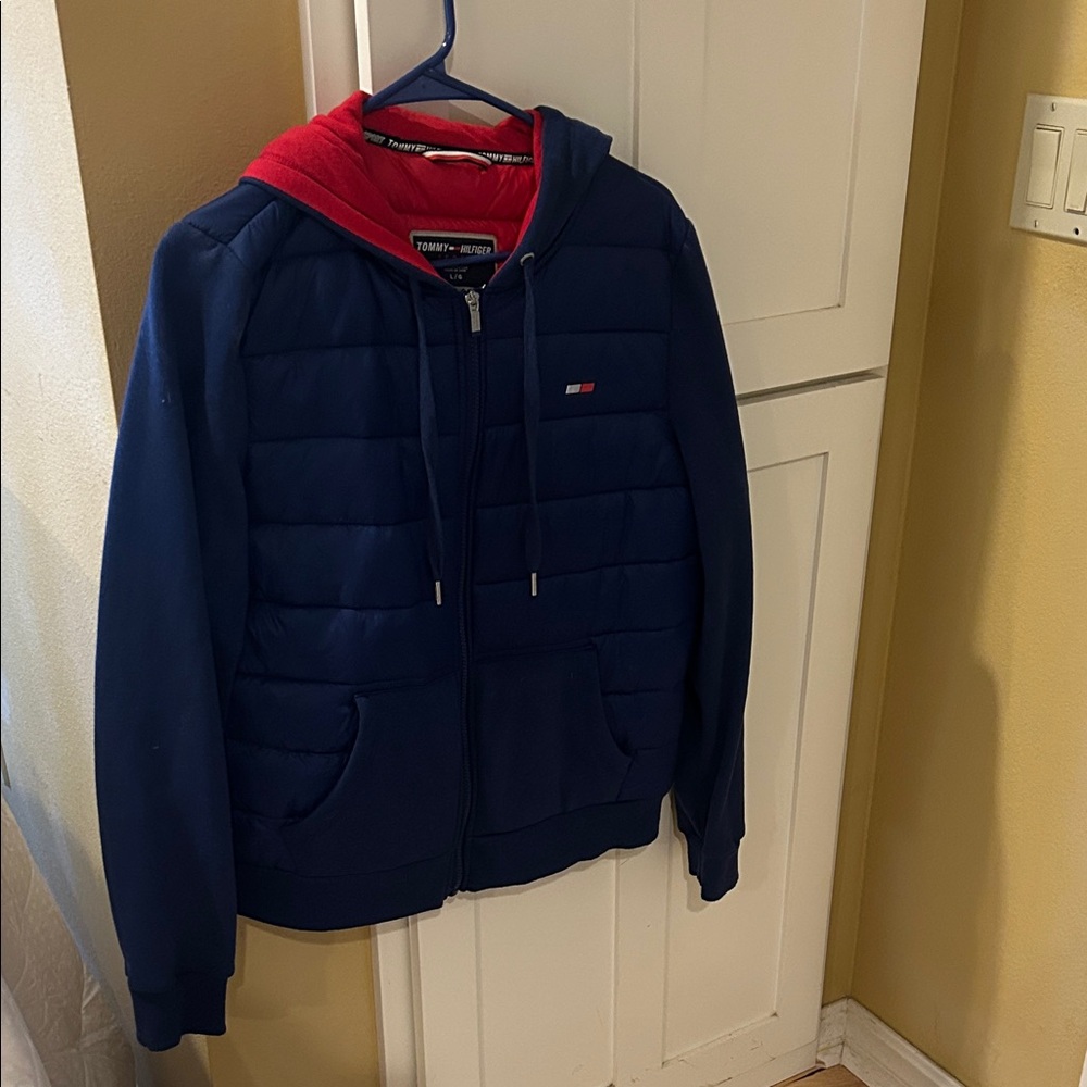 Tommy Hilfiger Navy Quilted Hoodie with Red Hood Lining